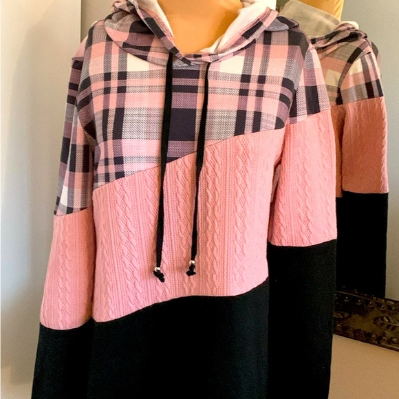 SWEATSHIRT HOODIE PINK PLAID UNIQUE SIZE SMALL - Picture 3 of 4